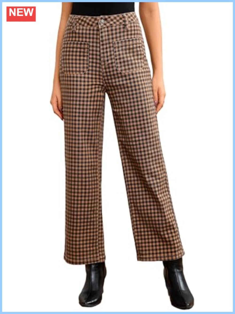 High Waist Wide Leg Cropped Gingham Plaid Pants Cotton Spandex Pockets